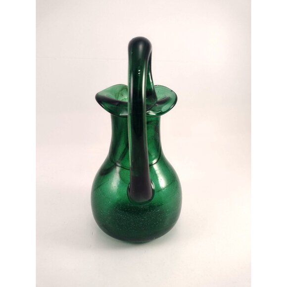 Vintage Hand-Blown Emerald Green Glass Pitcher Vase Jug Curved Handle SIGNED - Picture 4 of 11